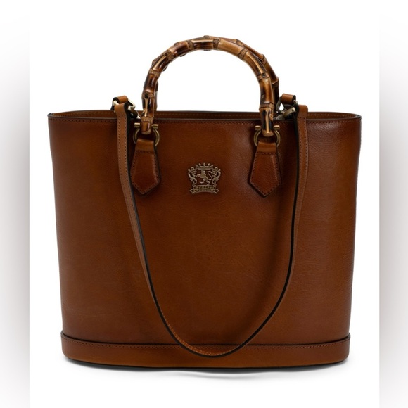 ❤️NWT-PRATESI, Made In Italy Genuine Leather 3 Compartment Bamboo Handle Tote❤️ - Picture 1 of 16
